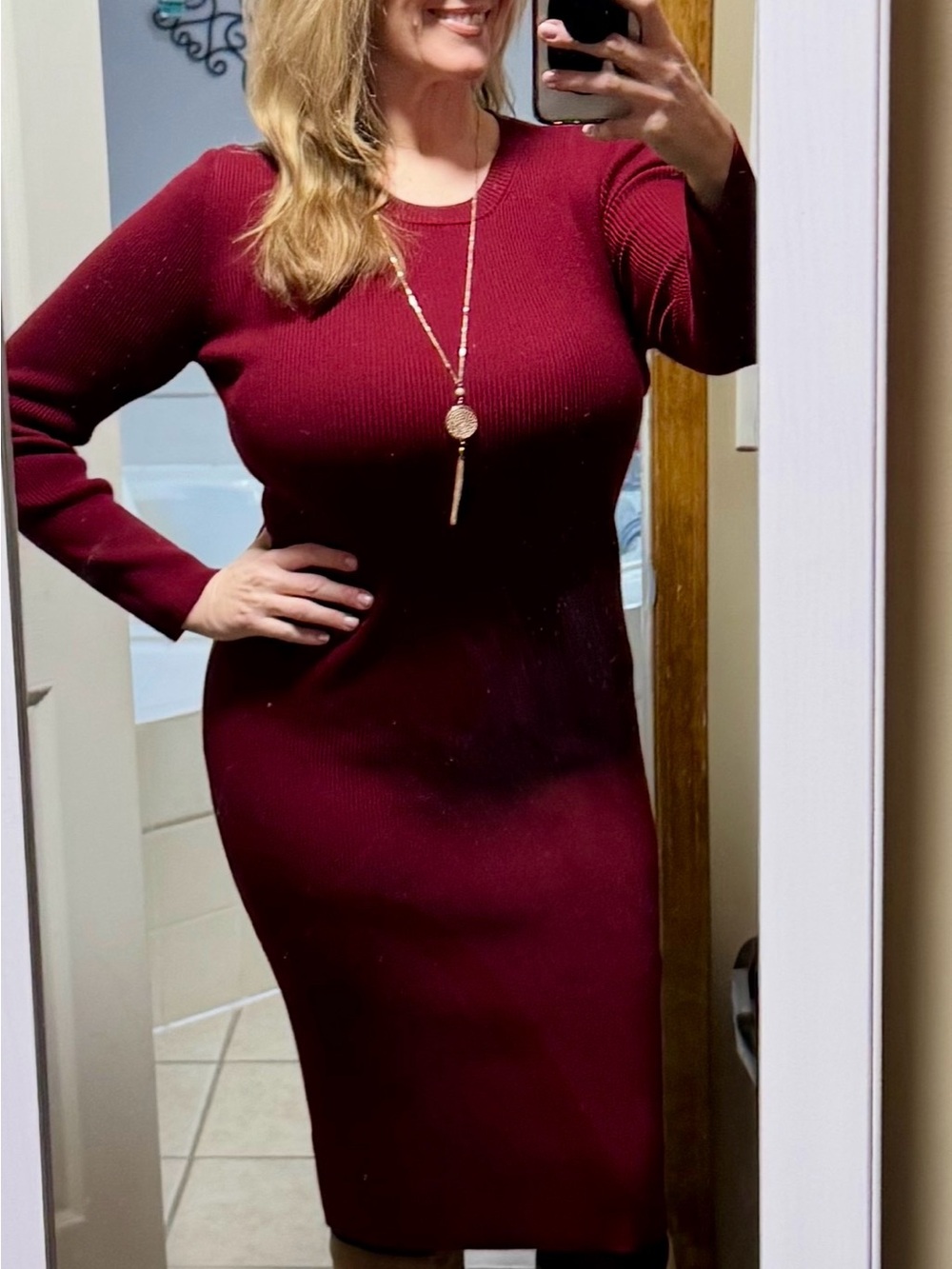 Nine West Ribbed Long Sleeve Knit Dress in Burgundy